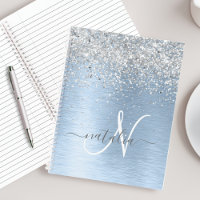Blue Brushed Metal Silver Glitter Monogram Name