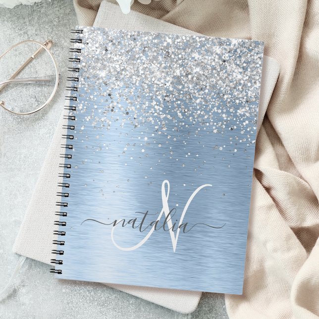Blue Brushed Metal Silver Glitter Monogram Name Notebook (Creator Uploaded)