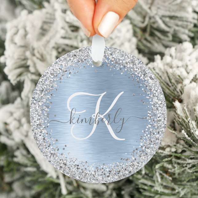 Blue Brushed Metal Silver Glitter Monogram Name Ornament (Creator Uploaded)