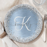 Blue Brushed Metal Silver Glitter Monogram Name Paper Plate<br><div class="desc">Easily personalise this trendy chic paper plate design featuring pretty silver sparkling glitter on a blue brushed metallic background.</div>