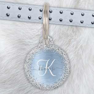 Blue Brushed Metal Silver Glitter Monogram Name Pet Tag