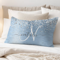 Blue Brushed Metal Silver Glitter Monogram Name