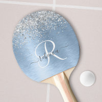 Blue Brushed Metal Silver Glitter Monogram Name