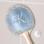 Blue Brushed Metal Silver Glitter Monogram Name Ping Pong Paddle<br><div class="desc">Easily personalise this trendy chic ping pong paddle design featuring pretty silver sparkling glitter on a blue brushed metallic background.</div>