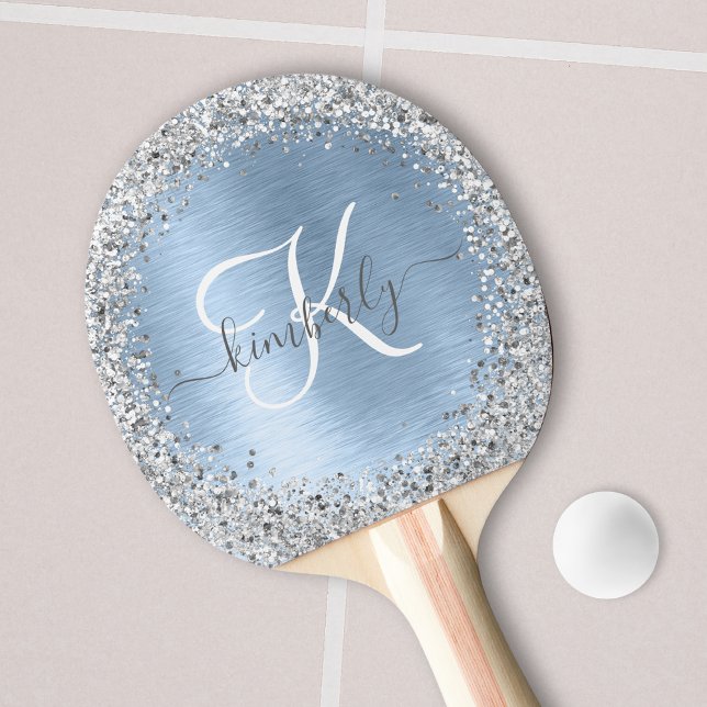 Blue Brushed Metal Silver Glitter Monogram Name Ping Pong Paddle (Creator Uploaded)