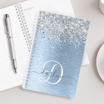 Blue Brushed Metal Silver Glitter Monogram Name  Planner<br><div class="desc">Easily personalise this trendy chic planner design featuring pretty silver sparkling glitter on a blue brushed metallic background.</div>