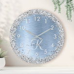 Blue Brushed Metal Silver Glitter Monogram Name Round Clock<br><div class="desc">Easily personalize this trendy chic wall clock design featuring pretty silver sparkling glitter on a blue brushed metallic background.</div>