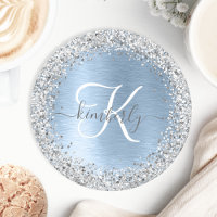 Blue Brushed Metal Silver Glitter Monogram Name