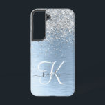Blue Brushed Metal Silver Glitter Monogram Name Samsung Galaxy Case<br><div class="desc">Easily personalise this trendy chic phone case design featuring pretty silver sparkling glitter on a blue brushed metallic background.</div>