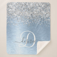 Blue Brushed Metal Silver Glitter Monogram Name