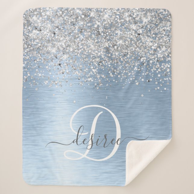 Blue Brushed Metal Silver Glitter Monogram Name Sherpa Blanket (Front)