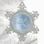 Blue Brushed Metal Silver Glitter Monogram Name Snowflake Pewter Christmas Ornament<br><div class="desc">Easily personalise this trendy chic snowflake framed Christmas ornament design featuring pretty silver sparkling glitter on a blue brushed metallic background.</div>