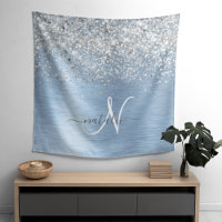 Blue Brushed Metal Silver Glitter Monogram Name