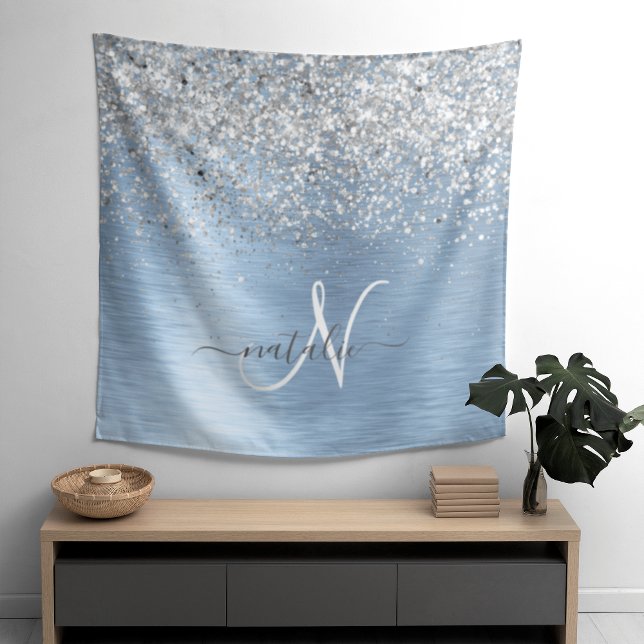 Blue Brushed Metal Silver Glitter Monogram Name Tapestry (Creator Uploaded)