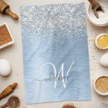 Blue Brushed Metal Silver Glitter Monogram Name Tea Towel<br><div class="desc">Easily personalise this trendy chic kitchen towel design featuring pretty silver sparkling glitter on a blue brushed metallic background.</div>
