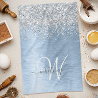 Blue Brushed Metal Silver Glitter Monogram Name