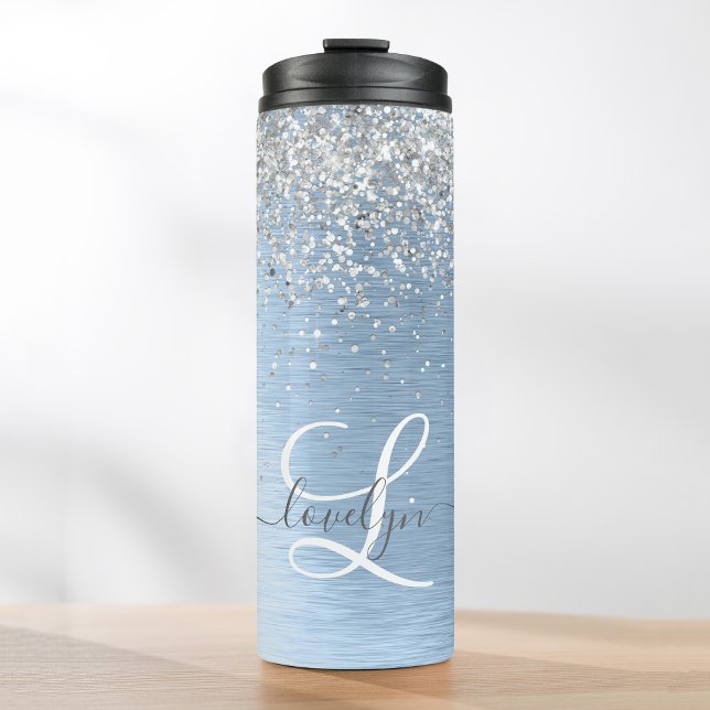 Blue Brushed Metal Silver Glitter Monogram Name Thermal Tumbler (Creator Uploaded)