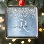 Blue Brushed Metal Silver Glitter Monogram Name Tree Decoration<br><div class="desc">Easily personalise this trendy chic ornament design featuring pretty silver sparkling glitter on a blue brushed metallic background.</div>