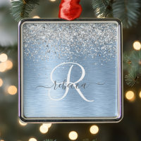 Blue Brushed Metal Silver Glitter Monogram Name