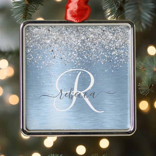Blue Brushed Metal Silver Glitter Monogram Name Tree Decoration (Creator Uploaded)