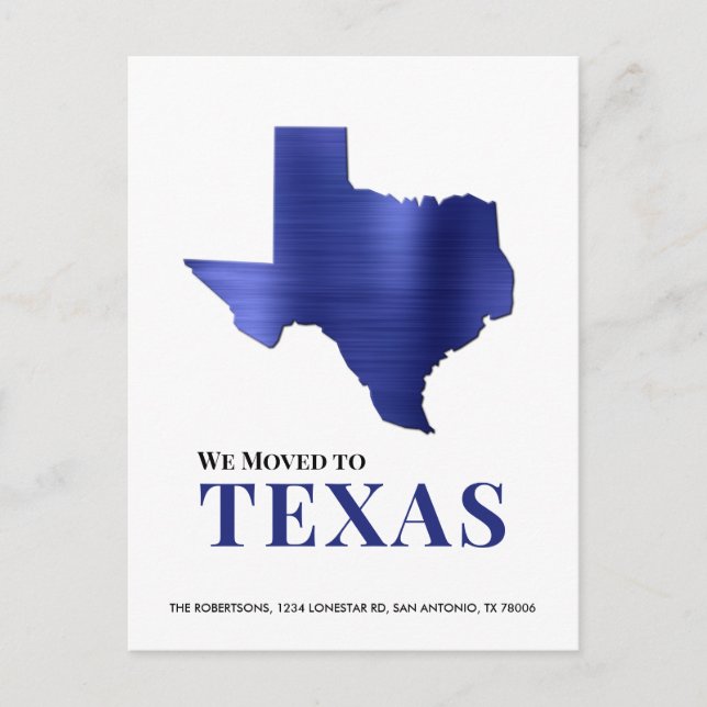 Blue Brushed Metal Texas Map New Address Announcement Postcard (Front)