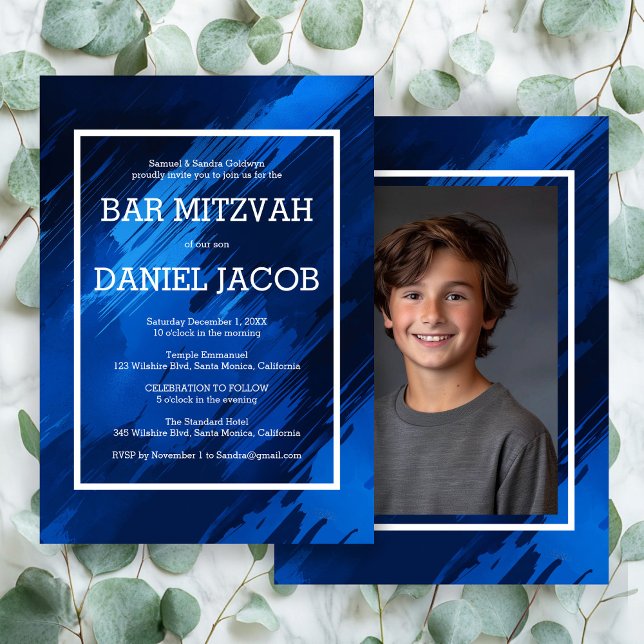 Blue Brushstrokes Custom Photo BAR BAT MITZVAH  Invitation (Blue Brushstrokes Custom Photo BAR BAT MITZVAH Invitation
)