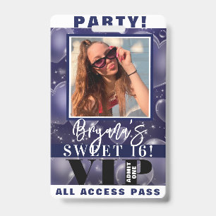 Blue Bubble Hearts Birthday Party VIP Pass Badge ID Badge