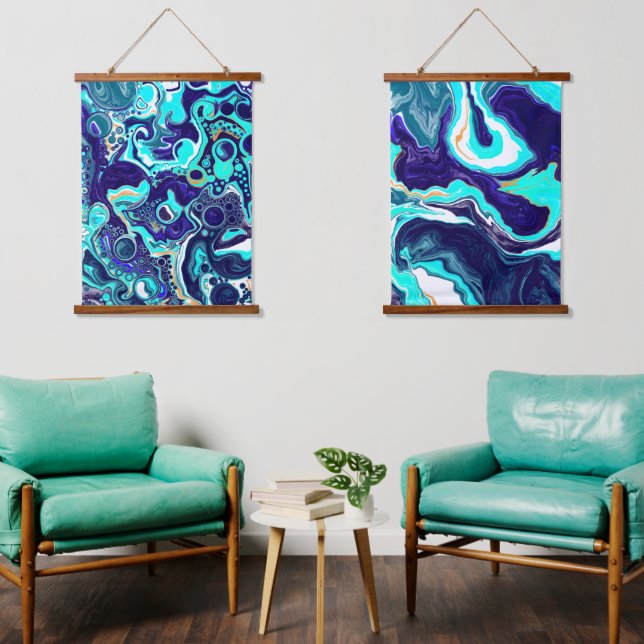 Blue Bubbles Digital Fluid Art Hanging Tapestry (Living Room)