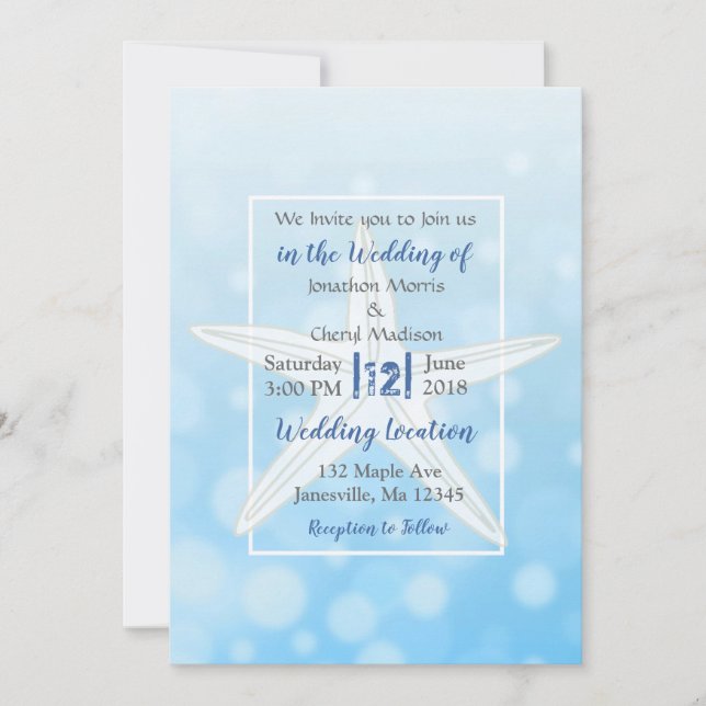 Blue Bubbles Starfish Beach  Wedding Invitations (Front)