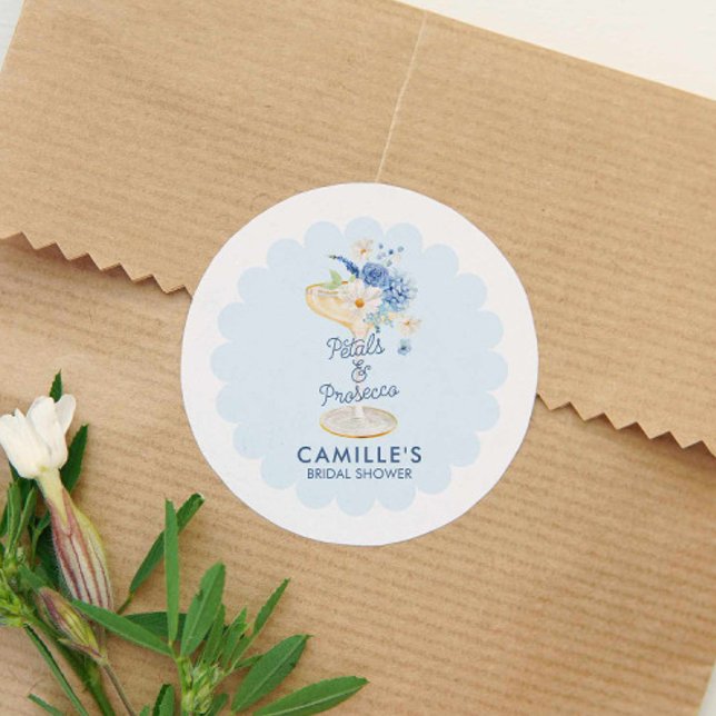 Blue Bubbly Bridal Shower Classic Round Sticker (Blue Petals and Prosecco round sticker
)