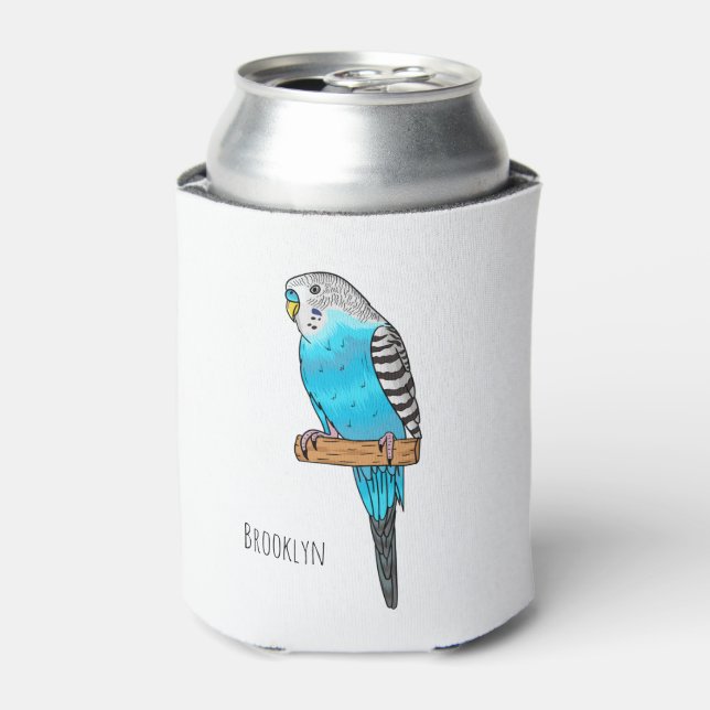 Blue budgerigar bird cartoon illustration can cooler (Can Front)