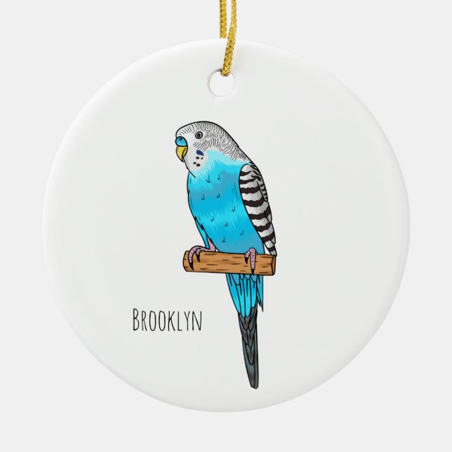 Blue budgerigar bird cartoon illustration  ceramic tree decoration (Front)
