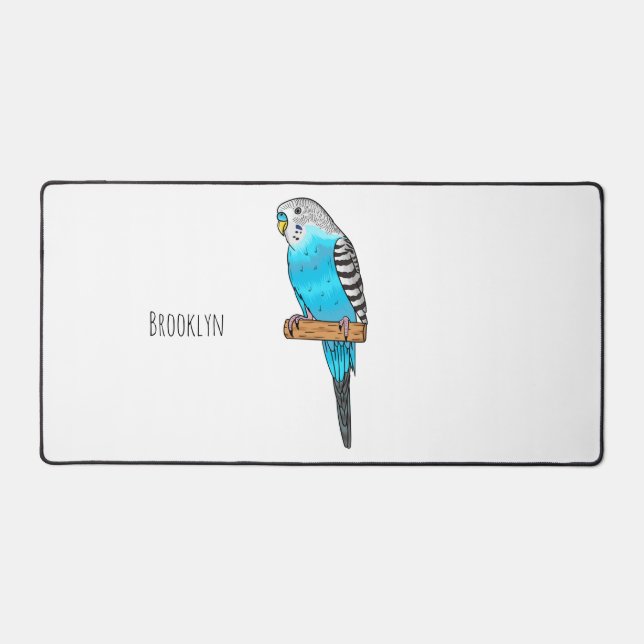 Blue budgerigar bird cartoon illustration desk mat (Front)