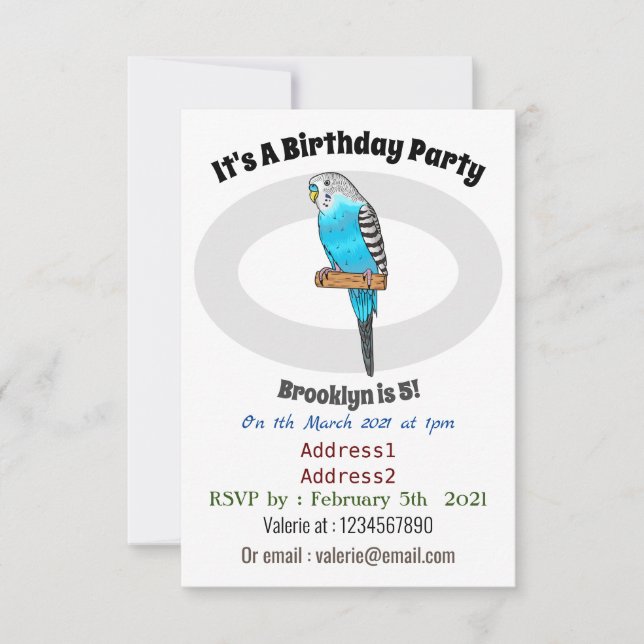 Blue budgerigar bird cartoon illustration invitation (Front)