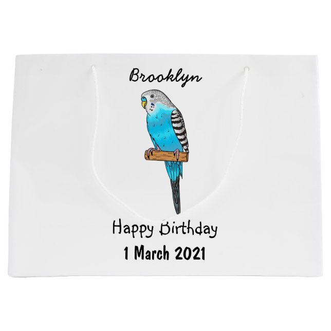 Blue budgerigar bird cartoon illustration large gift bag (Front)