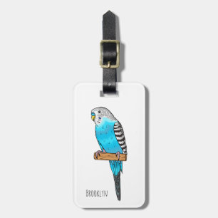 Blue budgerigar bird cartoon illustration luggage tag