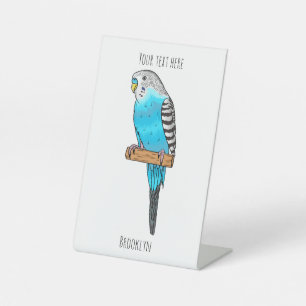 Blue budgerigar bird cartoon illustration pedestal sign