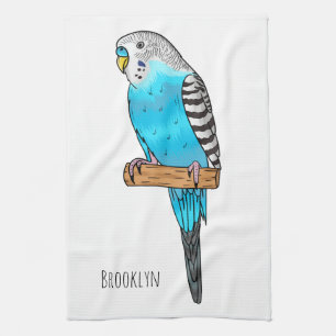 Blue budgerigar bird cartoon illustration tea towel