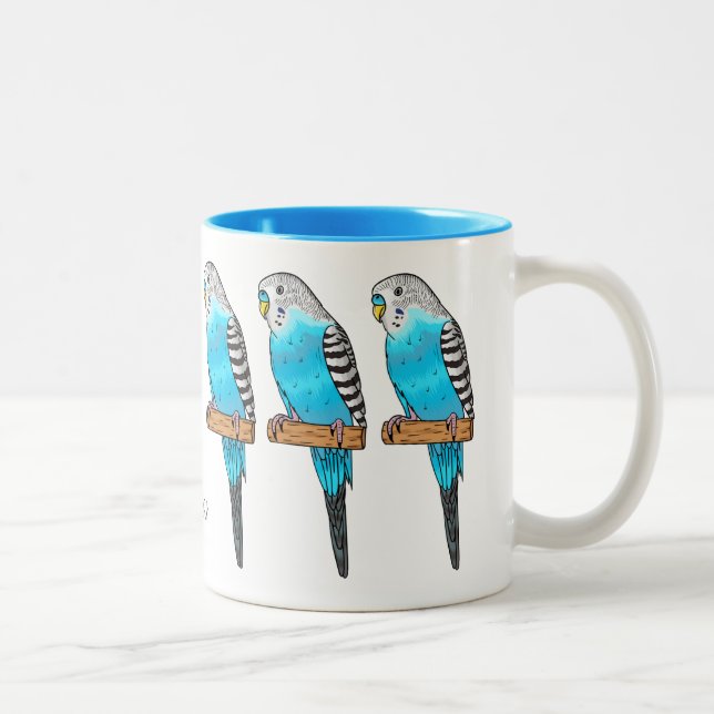 Blue budgerigar bird cartoon illustration  Two-Tone coffee mug (Right)
