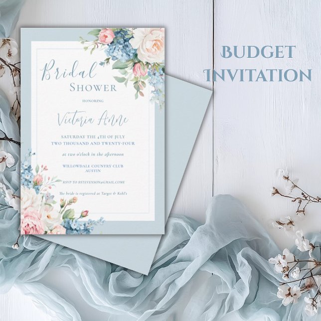 Blue Budget Floral Hydrangea Elegant Bridal Shower Invitation (Creator Uploaded)