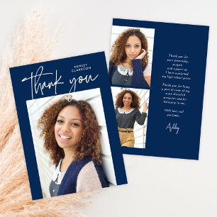 Blue Budget Modern Calligraphy Photo Graduation Thank You Card