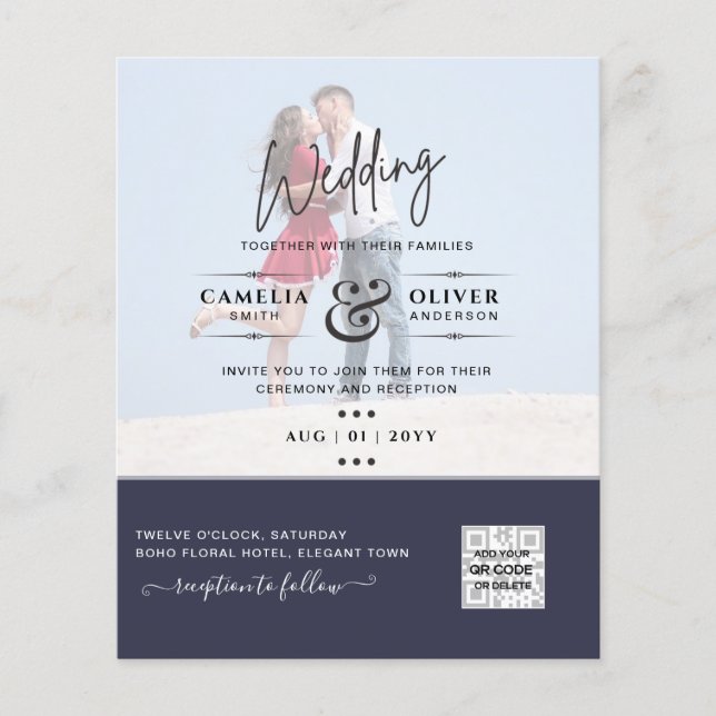BLUE BUDGET PHOTO WEDDING QR SCANNING CODE INVITE FLYER (Front)
