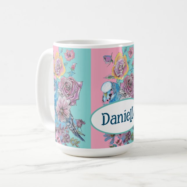 Blue Budgie Bird Rose Floral Pink Aqua Girls Name Coffee Mug (Front Left)