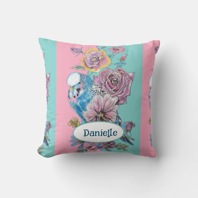 Blue Budgie Bird Rose Floral Pink Aqua Girls Name Cushion (Front)