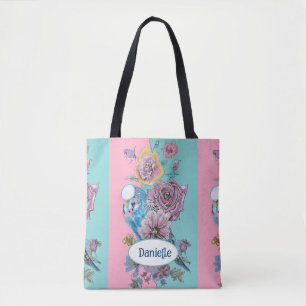 Blue Budgie Bird Rose Floral Pink Aqua Girls Name Tote Bag