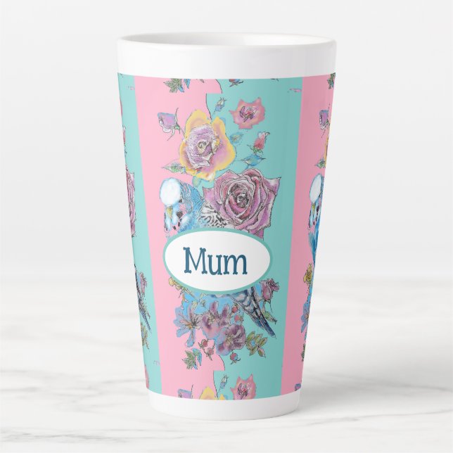 Blue Budgie Bird Rose Floral Pink Aqua Mothers Day Latte Mug (Front)