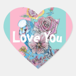 Blue Budgie Bird Rose Flower Love Painting Aqua Heart Sticker