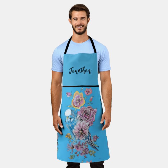Blue Budgie Budgies Art Watercolor Birds Apron (Worn)