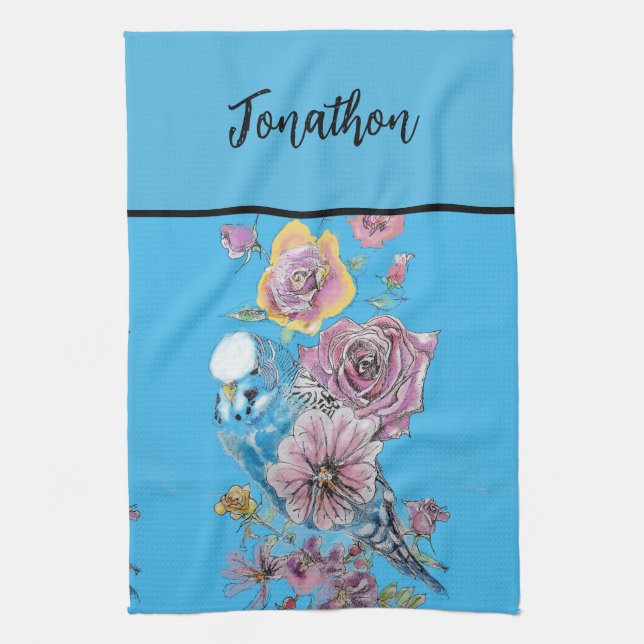 Blue Budgie Budgies Art Watercolor Birds Apron Tea Towel (Vertical)