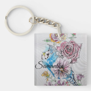 Blue Budgie Budgies Rose Flower floral Key Ring